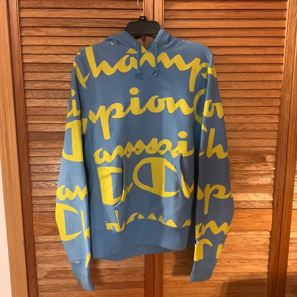 Blue and Yellow Champion Reverse Weave Hoodie (Size M)